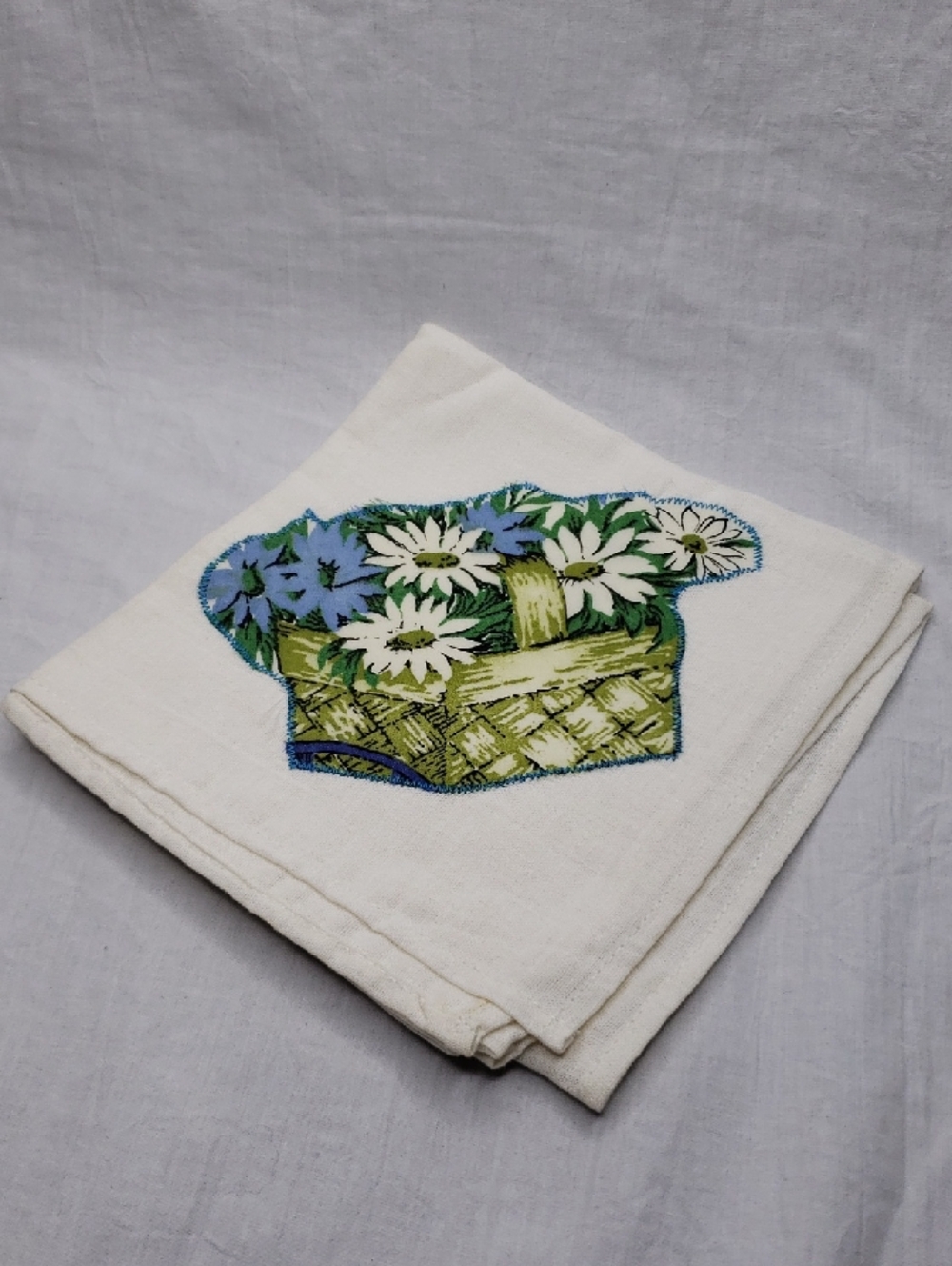 Vintage Applique Blue Flower Basket XL Dish Towel
